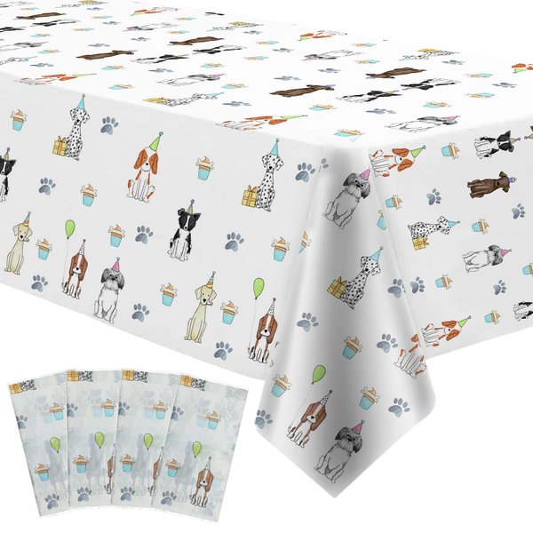 Xigejob Puppy Dog Birthday Party Tablecloth Supplies - Disposable Dog Theme Table Cover Decorations, Puppy Dog Theme Birthday Baby Shower Table Cloth Decorations - 4 Pack (54in x 108in)