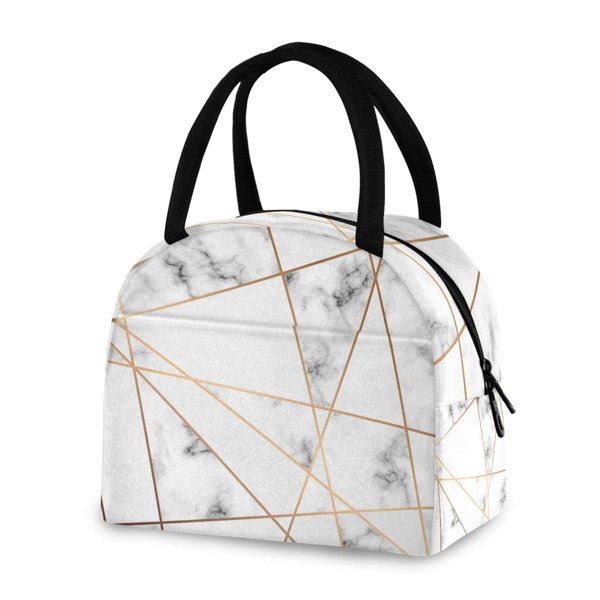 AUUXVA Lunch Bag Geometric Gold Lines Marble Print, Lunch Box Insulated Tote Bags with Handle, Reusable Cooler Ice Pack Handbag for Women Men