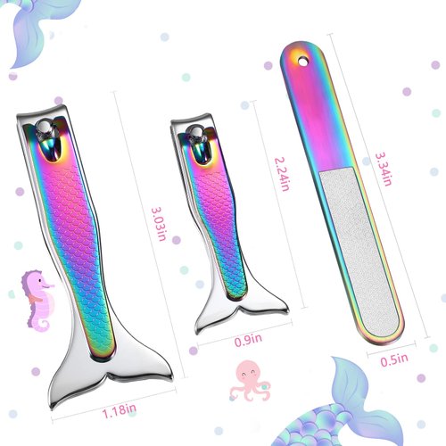 Honoson 4 Pieces Mermaid Nail Clipper Set Stainless Steel Nail Cutter Cute Nail Clippers Sturdy Fingernails and Toenail Cutter with Nail File Birthday Stocking Stuffers Christmas Gifts for Women