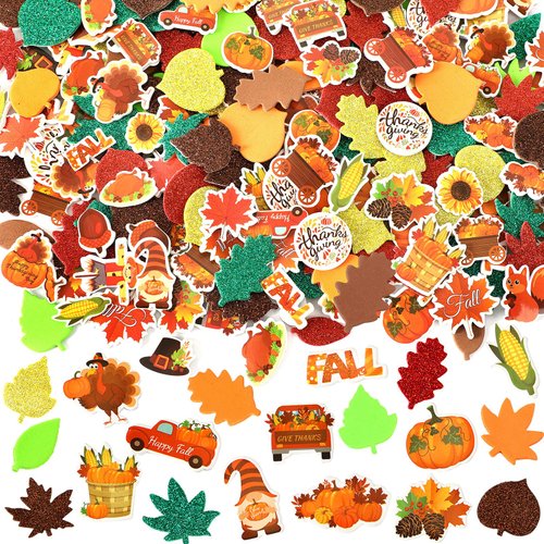 Thanksgiving Fall Leaf Foam Sticker, JULBEAR 900Pcs Autumn Glitter Maple Leaves Colorful Pattern Self-Adhesive Foam Stickers for Kids Thanksgiving Party Favors DIY Crafts Halloween Decorations