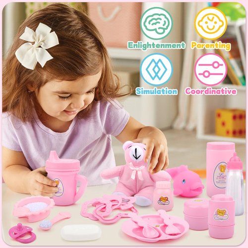 deAO 40 Piece Baby Doll Accessories Bag with Baby Feeding Accessories, Clothes, Doll Bear, Bath Toys, Soother Dummy and Much More - Great Nurturing Pretend Toy for Kids!