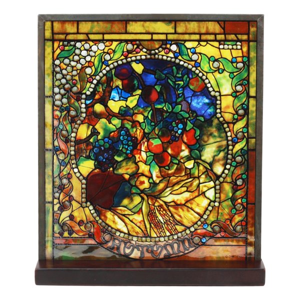 Ebros Louis Comfort Tiffany Four Seasons Collection Autumn Fall Season Stained Glass Art with Base Decor for Home and Office Decorative Cathedral Mosaic Style Glass (Fall)