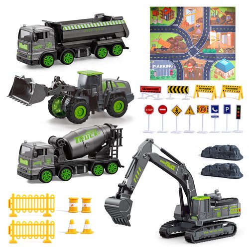 FIVEDAOGANG Construction Truck Toys for 3 4 5 6 Year Old Boys - 4 Pack Friction Power Die-cast Vehicle Car Toy Set w/Play Mat for Toddler, Gift Truck Alloy Metal for Age 3-9 Toddlers Kids Boys & Girls