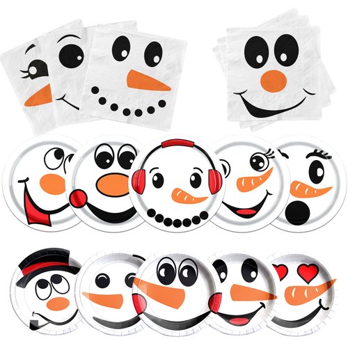 Juweked 90PCS Snowman Christmas Tableware Serve 30, Winter Christmas Party Theme Disposable White Snowman Paper Tableware Set Include Plates and Napkins for Winter Christmas Party Dinner Supplies