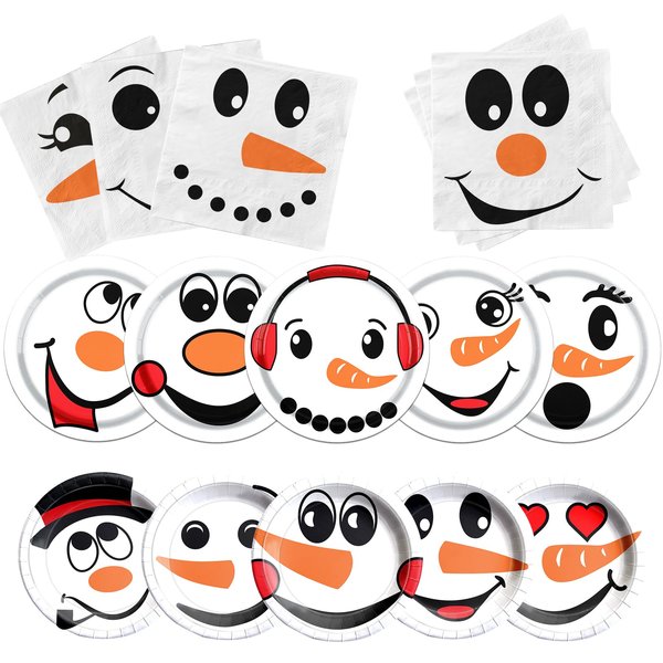 Juweked 90PCS Snowman Christmas Tableware Serve 30, Winter Christmas Party Theme Disposable White Snowman Paper Tableware Set Include Plates and Napkins for Winter Christmas Party Dinner Supplies