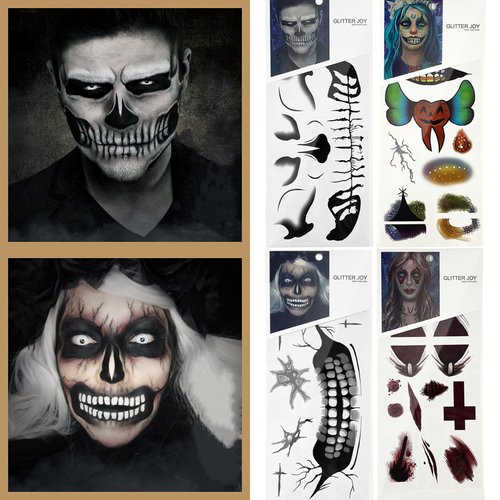 mdgfge 4 Sheets Halloween Scary Face Temporary Tattoos, Witch Zombie Makeup Kit for Women Men Halloween Day of the Dead Cosplay Party Skull Clown Face Stickers Decoration Supplies
