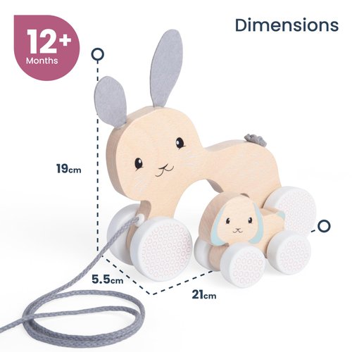 Bigjigs Toys FSC Certified Bunny & Baby Pull Along Toy - Eco-Friendly Rabbit Pull Along with Cord & Baby Bunny Push-Along, Quality Pull Along Toys for 1 Year Olds, Wooden Baby Toys