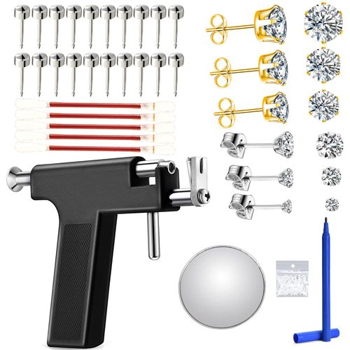 Reusable Ear Piercing Kit for Professional Salon With Silver Earrings Set For Home Self Body Nose Lip Earrings Piercing Kit with 18 Pairs Stud Earrings (Black)