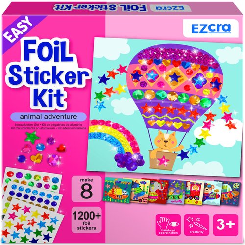 EZCRA Easy Arts and Crafts for Kids - Fun Foil Sticker Kit - 8 Cute Animal Themes, Over 1200 Stickers - Art Supplies and Art Kit for Kids Gifts & Toys for Boys and Girls Age 3,4,5,6,7,8