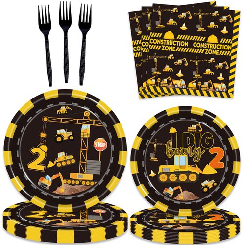 80 Pcs Construction 2nd Birthday Party Supplies Dump Truck Theme Two Decorations Tableware Includes Plates, Napkins, Forks for Boys Construction Two Years Old Birthday Party Decorations Favors