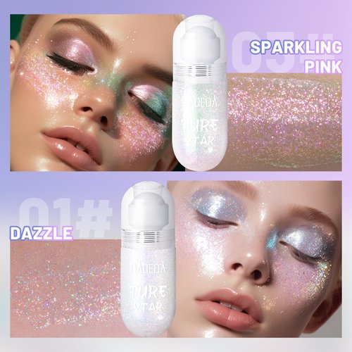 DAGEDA 2Colors Roll-on Body Glitter Gel for Body, Hair, Face, Holographic Glitter Makeup for Rave Accessories, Body Shimmer Hair Glitter Gel for Halloween Makeup(Dazzle + Sprakling Pink)