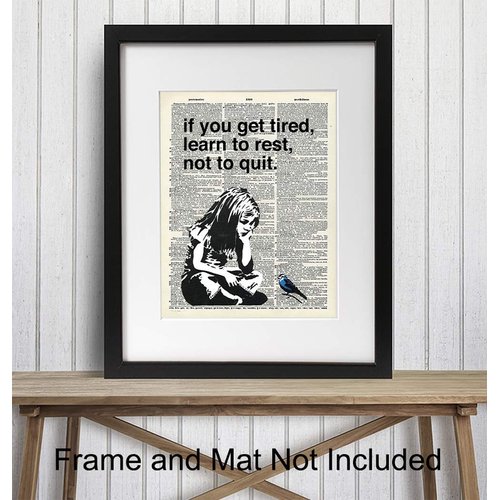 Banksy Rest Don't Quit - Unframed Dictionary Wall Art Print - Makes a Great Gift for Home Decor, Living Room, Bedroom - Ready to Frame (8X10) Vintage Photo - Girl with Bird
