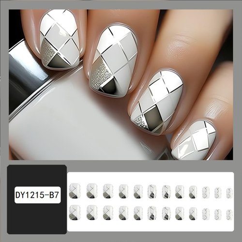 Tyuimhx 24Pcs Short Square Press on Nails Glitter White Grey Rhombus Designs Fake Nails Full Cover False Nails Acrylic Stick on Nails Silver Line Artificial Nails for Women Girls Glue on Nails