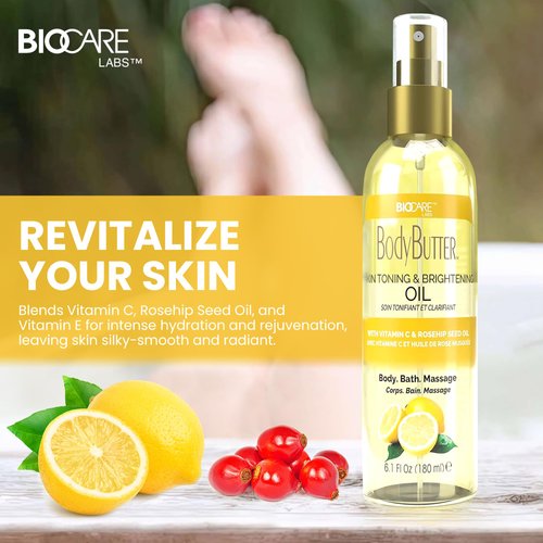 Biocare Skin Toning & Brightening Oil - Infused with Vitamin C, Rosehip Seed Oil, Vitamin E - Nourishing and Non-Greasy Body Oil for Hydrated, Radiant, Even Skin Texture and Complexion - 6 Oz