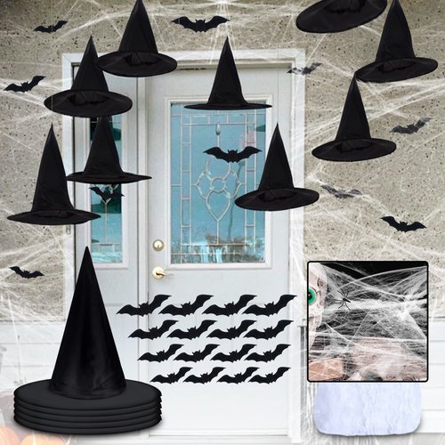 algpty 5 Pieces Halloween Witches Hats Black | Hanging Witch Hats Decorations with Spider Web and 16 Pieces Bats Decorations Costume Witch Accessories Halloween Decorations Decor Indoor Outdoor Yard