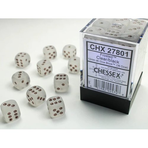 DND Dice Set-Chessex D&D Dice-12mm Frosted Clear and Black Plastic Polyhedral Dice Set-Dungeons and Dragons Dice Includes 36 Dice – D6