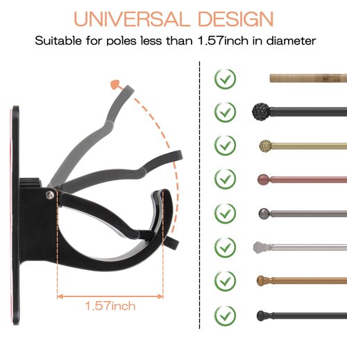 CIEMGNZOC 6 PCS Curtain Rod Bracket Holder, Universal Self Adhesive Wall Mount fits Support Curtain 0.6'' to 1.5'' Curtain Rod, Curtain Rod Hooks for Bathroom Kitchen(Curtain Rod Not Included)(Black)