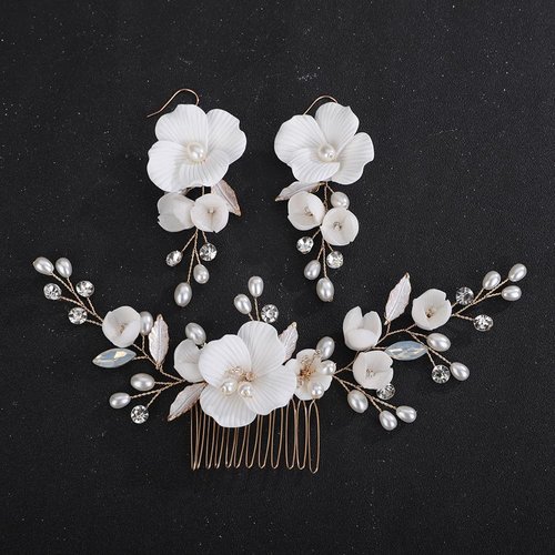 Teyglen Flower Bride Wedding Hair Comb Bridal Crystal Pearl Hair Piece Gold Leaf Flower Headpiece for Bride Hair Jewelry for Women (Gold)