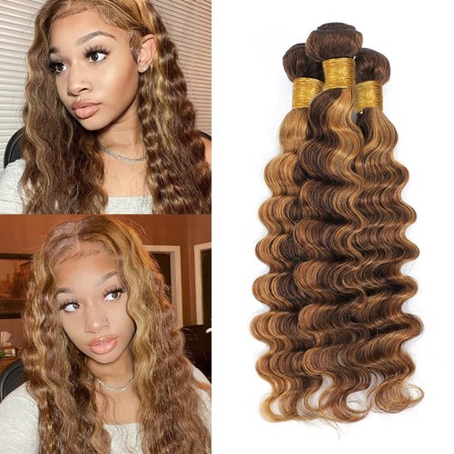 P4/27 Highlight Bundle Deep Wave Human Hair Bundles Tow Tone Brown And Honey Blonde Bundle Unprocessed Brazilian Virgin Hair Extensions for Women 16 18 20 Inch Piano Color
