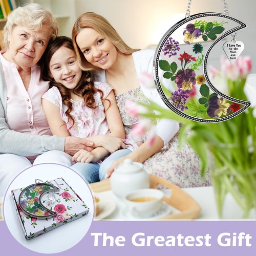 KY&BOSAM Moon Suncatcher I Love You to The Moon and Back Glass Hangings for Window Wind Chimes Decor with Pressed Real Flower and Metal Charm Birthday Gifts for Women Mom Mother`s Day