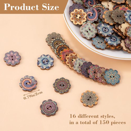 HINZIC 150Pcs 20mm Wooden Vintage Buttons, 2 Hole 3/4inch DIY Crafts Sewing Flower Painting Wood Buttons Octagon Coconut Shell Handmade Ornament Mixed Pattern for Jackets Backpacks