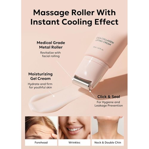 Bewants Cica Collagen Lifting Cream with Massage Roller (2 pack) - Centella Asiatica Soothing Korean Moisturizer for Oily Skin, Neck Wrinkle Care, Instant Face Lifting, Vegan, Cruelty-free, 1.7 fl oz