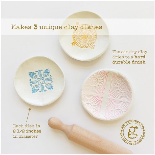 Galleri Girl Art Kits Best Air Dry Clay Craft Kit for Kids & Adults | Make 3 Jewelry Dishes | Roll, Stamp, Cut & Shape | Holiday Gift | Birthday Gift for Girl 6 7 8+ | Keepsake