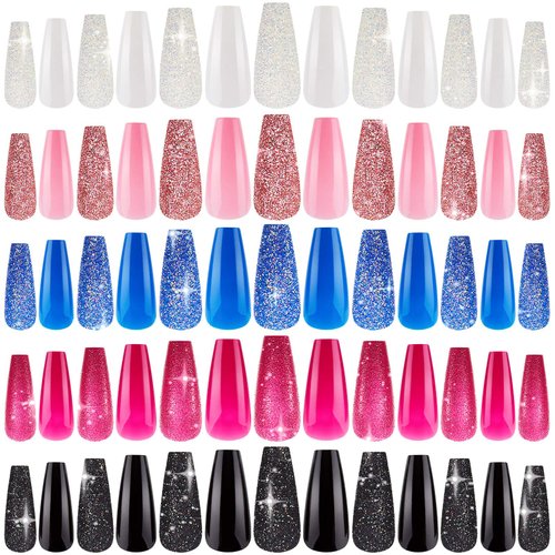 240 Pieces Extra Long Press on Nails Ballerina Coffin False Nails Solid Color Full Cover Fake Nails Artificial Acrylic Nails for DIY Nail Salon Women Girls (Glitter Pattern)