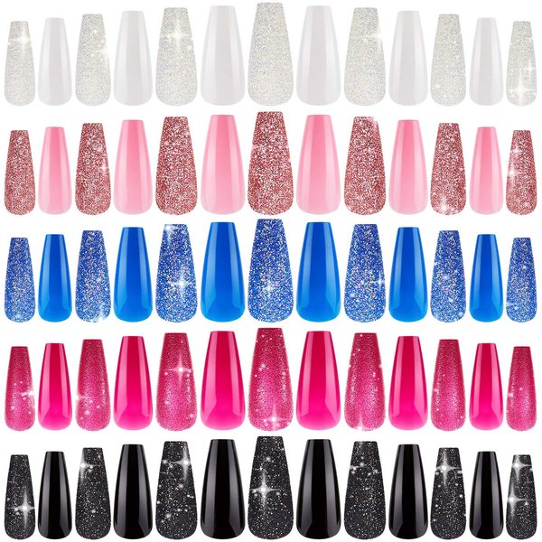 240 Pieces Extra Long Press on Nails Ballerina Coffin False Nails Solid Color Full Cover Fake Nails Artificial Acrylic Nails for DIY Nail Salon Women Girls (Glitter Pattern)
