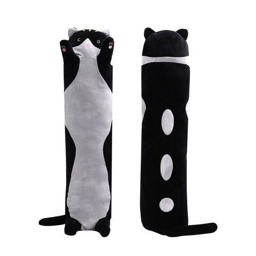 shangman Lovely Plush Cat Doll Cute Cartoon Soft Stuffed Kitten Pillow Long Throw Sleeping Pillow Doll Toy Valentines Day Gift for Kids Girlfriend (Black, 90cm/35.4in)
