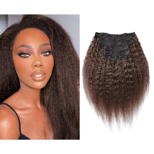 14 Inch Brown Kinky Yaki Straight Clip in Human Hair Extensions Double Weft Brazilian Virgin Hair Clip ins 7 Peices/set 16 Clips for American Girls Beauty (70g 14", Brown)