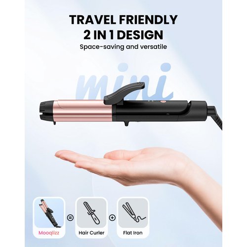 Mooqlizz Dual Voltage Curling Iron, Travel Flat Iron Hair Curler in One for European, 1 1/4 Inch Ceramic Plates with Adjustable Temperature, Travel Size Glove Included, Black