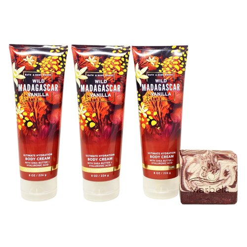 Bath & Body Works Wild Madagascar Vanilla 3 Pack Body Cream Bundle with a Cherry On Top Bar Soap - Full Size
