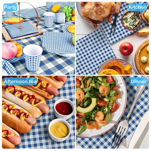 Gatherfun Disposable Paper Napkins Blue and White Gingham for Dinner Picnic and Parties (Pack of 50)