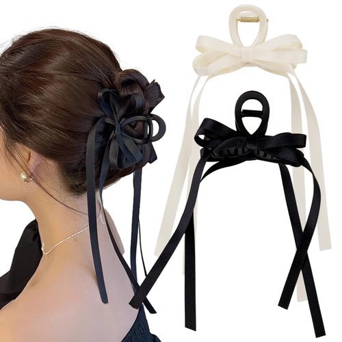 2 Pcs Bow Hair Claw Clips with Long Tail Tassel Ribbon Nonslip Hair Clip Hair Accessories for Women Girls Thick Thin Hair