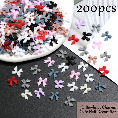 RODAKY 200PCS Bow Nail Charms Colorful 3D Bowknot Charms for Nail Art Design Resin Flatback Bow Nail Stud Cute Kawaii Pretty Nail Bow Charms Decoration for Women's Manicure DIY Nail Supplies