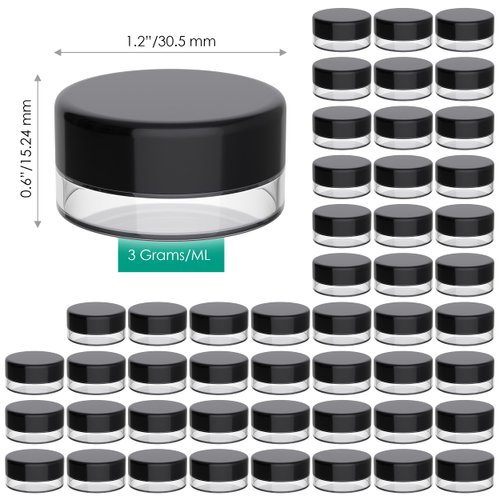 Houseables 3 Gram Jar, 3 ML, Black, 50 Pk, BPA Free, Cosmetic Sample Empty Container, Plastic, Round Pot, Screw Cap Lid, Small Tiny 3g Bottle, for Make Up, Eye Shadow, Nails, Powder, Paint, Jewelry