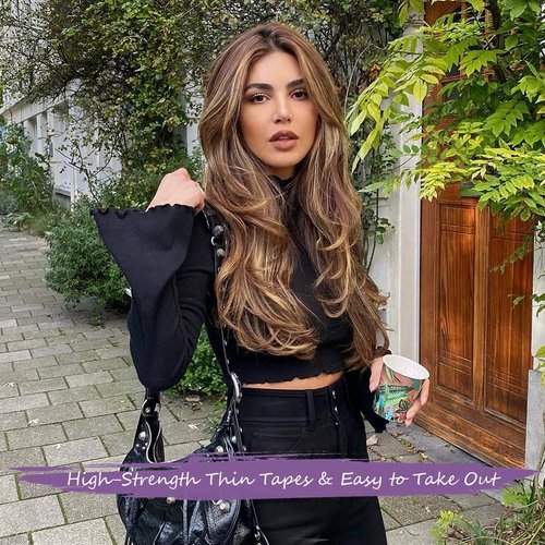 Tape in Hair Extensions Human Hair, 20pcs 22 Inch 50g Remy Ombre Tape in Hair Extensions, Balayage Chocolate Brown to Caramel Blonde Silky Straight Natural Hair Extensions Tape in Human Hair