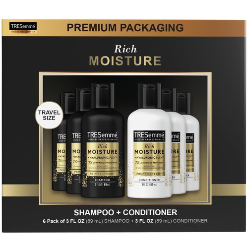 TRESemme Shampoo & Conditioner, Sulfate-Free, Travel Size - Moisture Rich Hair Treatment for Dry, Damaged Hair, Mini Shampoo & Conditioner Sets x 3 for Hair Repair, Scented, 3 Oz Ea (6 Piece Set)