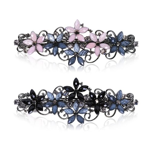 Elegant rhinestone hair clips for Women and Girls 2PCS Sparkly Vintage flower Hair Barrettes Glitter Jewelry hair clips Hairpin for Hair Styling (Pink&Dark Blue/Black&Dark Blue)