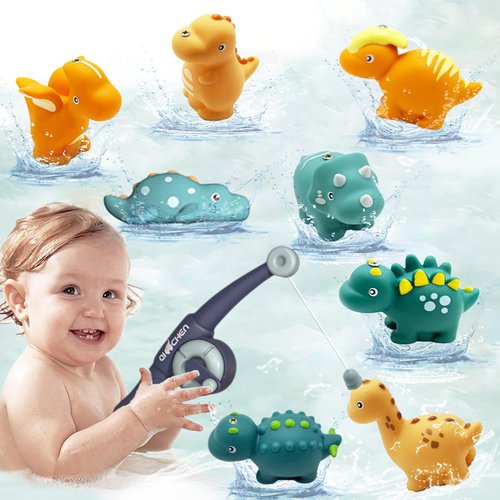 LYEBAOHAO Baby Bath Toys,Magnetic Fishing Game for Toddlers 1-3 with Fishing Rod,8PCS Soft Rubber Dinosaur Bathtub Time Water Toy Fun Shower Gifts