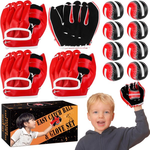 Aodaer 4 Pack T Ball Sets Teenager Easy Catch Ball & Glove Set 4 Youth Teeball Gloves 8 Balls Synthetic Leather Glove and Baseball for Yard Lawn Game, Catch Game, Baseball Play, Black and Red