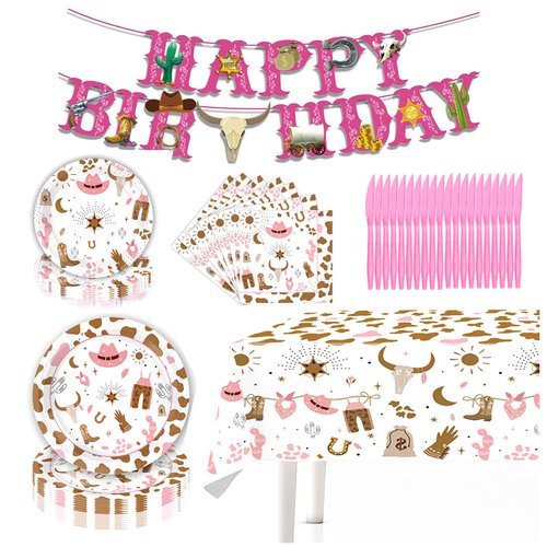 82Pcs Western Cowgirl Birthday Party Decorations Cowgirl Party Supplies Include Birthday Banner Plate Napkin Tablecloth Knives for Wild West Cowgirl Theme Birthday Party Decorations Dinnerware