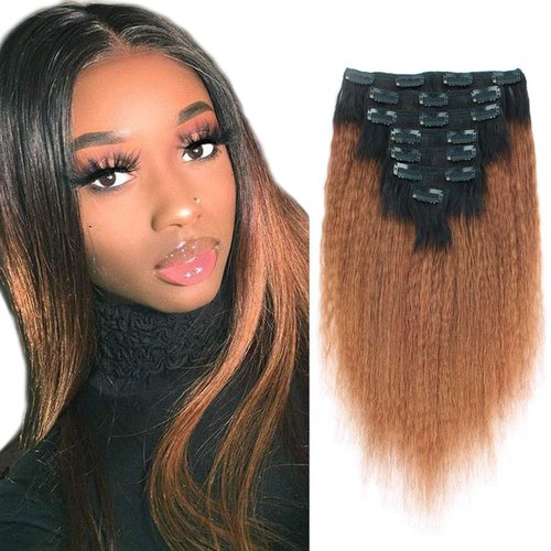 Lovrio 9A Grade Kinky Straight Human Hair Clip Ins Remy Virgin Human Hair for African Americans Ombre Tone Natural Black Fading into Light Auburn KSTN/30 7 Pcs 16 Clips 120g 12"