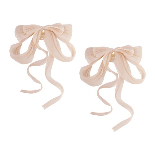 OJERRY Set of 2 Oversized Slouchy Beige Sheer Chiffon Tri-Layered Hair Ribbon Bow for Women, Bow Hair Claw Clip Set, Old Money Coquette Bow Aesthetic Gift Hair Accessories