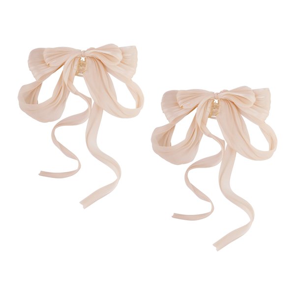 OJERRY Set of 2 Oversized Slouchy Beige Sheer Chiffon Tri-Layered Hair Ribbon Bow for Women, Bow Hair Claw Clip Set, Old Money Coquette Bow Aesthetic Gift Hair Accessories