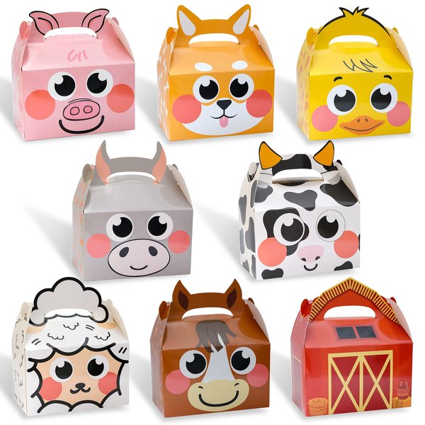 Hpscdyo 24 Pack Farm Animal Party Favor Boxes, Farmhouse Themed Party Candy Goodie Treat Gift Boxes for Baby Shower Kids Birthday Party Decorations Supplies, 8 Designs