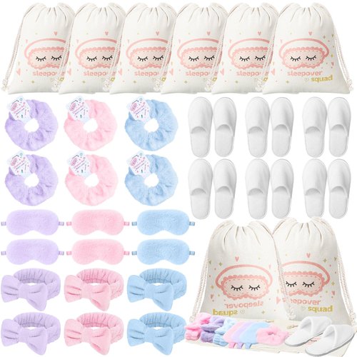 Bunnycool 30 Pcs Sleepover Party Supplies for Teen Sleepover Birthday Party Favors with Plush Hair Scrunchies Headbands Slippers Gift Bag for Women Spa Party Favors Age 6-14(Mix Color,Stylish)