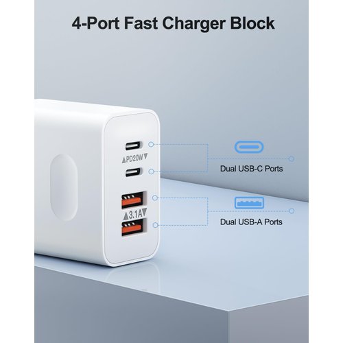 [2-Pack] USB C Wall Charger, 40W 4-Port Fast Charging Block USB C Charger Dual USBC Power Adapter + QC Wall Plug Multiport Brick Type C Block for iPhone 15/14/13/12/11/Pro Max/XS/XR, iPad, Samsung