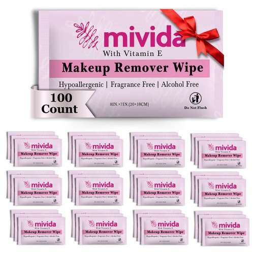 mivida 100 Count Individually Wrapped Makeup Remover Wipes with Vitamin E | Fragrance-Free, Alcohol-Free makeup wipes | Hypoallergenic single make up removing wipes